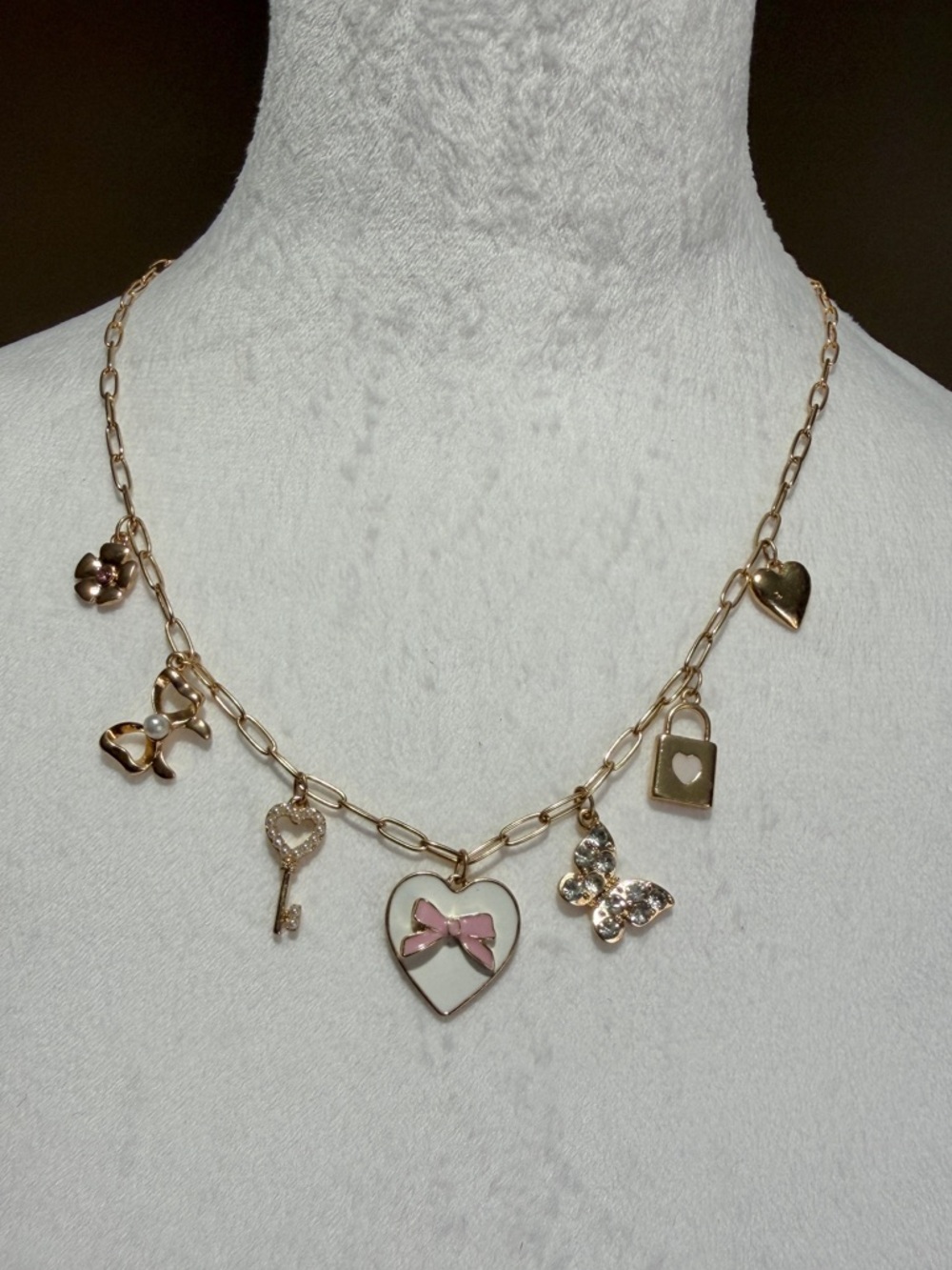 Packed Party Gold-Tone Heart & Charm Necklace with Pink Bow Accent